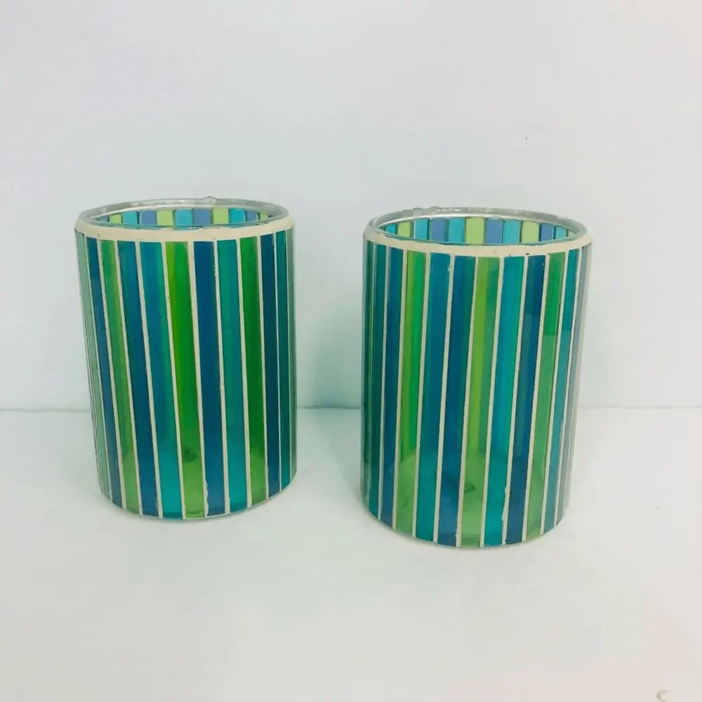 vintage y2k mosaic stripe‎ candle votives tag aqua blue green 3.75”x2 7/8”